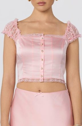 ASTR the Label Elliana Lace Trim Satin Button-Up Crop Top in Pink at Nordstrom, Size X-Large