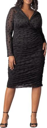 Kiyonna Betsey Ruched Elbow Sleeve Midi Bodycon Dress in Onyx Flocked Florals at Nordstrom, Size 1X