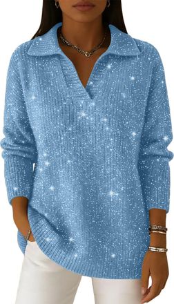 Generic Polo Neck Sparkle Jumpers for Women UK Star Glitter Print Sweater Long Sleeve Elegant Ladies Jumper Casual Loose Sweatshirts Knit Pullover Tops Shiny 