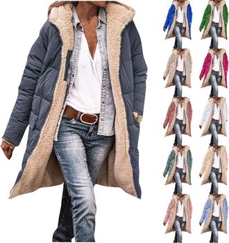 Generic Winter Coats for Women Fleece Jackets for Womens Casual Long Sleeve Horn Button Buckle Pocket Overcoat Solid Colour Trench Coat Oversize Hooded Outwea
