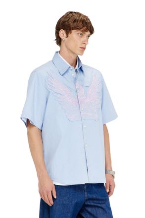Diesel Striped poplin shirt with embroidered patch - Shirts - Man - Blue