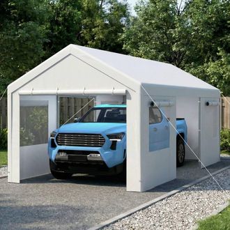 Costway Costway 10 x 19 FT Car Canopy w/ Roll-Up Windows & Removable Doors Car Shelter in White