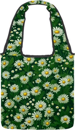 Generic Green Little Daisy Reversible Canvas Shoulder Tote - Double-Sided Print, 12oz Cotton, 27cm Drop, Fold-Flat Bag for Travel, Shopping, Street Outings