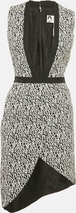 Lanvin Black/ White Logo Print Crepe Plunge Neck Dress