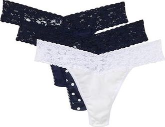Hanky Panky Cotton Original Rise Thong 3-pack Womens Underwear Navy/Full Circle/White, Nylon/Spandex
