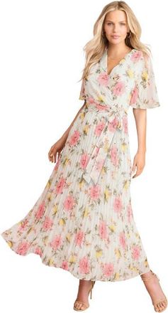 Roaman's Chiffon Flutter Sleeve Maxi Dress in Pink Yellow at Nordstrom, Size 16