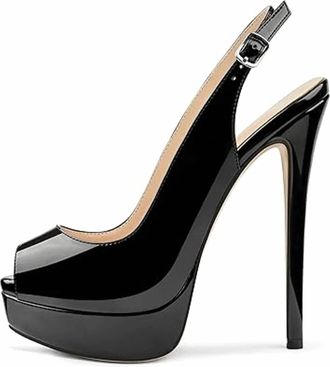 MERUMOTE Womens Peep Toe Slingback Platform Heels In Shiny Black