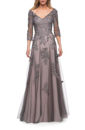 La Femme A Line Gown with Sheer Three-Quarter Sleeves in Pink/gray at Nordstrom, Size 18