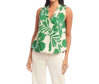 Karen Kane Shayla Sleeveless Ruffle Trim Top In Green Cream