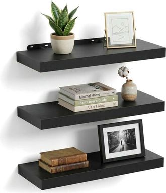 Relaxdays Relaxdays wall shelf, 3-piece set, HxWxD: 4 x 60 x 23 cm, wood-effect, metal, for living room, hallway, kitchen, black