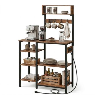 Relaxdays Estanter&iacute;a De Cocina Relaxdays Con Enchufe + Usb, 151x82x40 Cm, Para Microondas, Madera/metal, Marr&oacute;n/negro