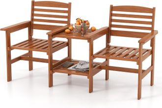 Costway Conjunto Mesa Y Sillas Jardin, Muebles Jard&iacute;n Exterior Con Mesa Para Patio Al Aire Libre De Madera, Orificio Para Sombrilla De 4 Cm,resistentes A Inte