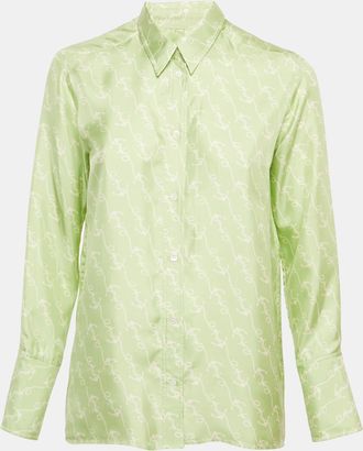 Sandro Green Anchor Print Silk Long Sleeve Shirt