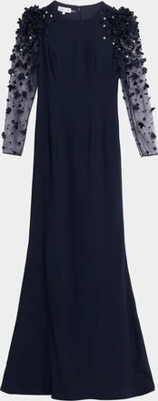 Teri Jon Tulle-Sleeve Floral Applique Crepe Gown
