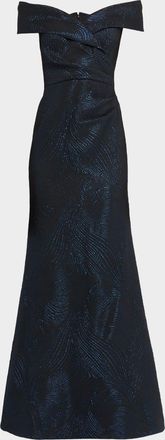 Teri Jon Off-Shoulder Metallic Jacquard Gown