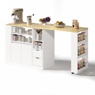 STILVORA Isla De Cocina Con Encimera Giratoria Extensible, 2 Cajones Y Estante De 3 Niveles, En Mdf, 115x50x92 Cm, Blanco Natural