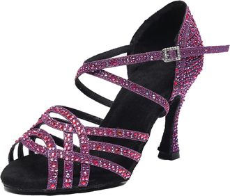 Miyoopark Womens Salsa Latin Dance Shoes with Rhinestones Wedding Evening Sandals Z029 Purple 9cm Heel UK 6