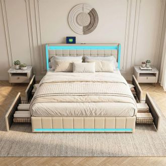 OEM Cama 180x200 Con 4 Cajones, Led Integrada, Carga Usb, Somier, Cabecero, Cama Doble Con Almacenamiento, Lino, Beige