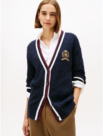 Tommy Hilfiger Womens Cable Knit Crest Logo Varsity Cardigan - Navy - M