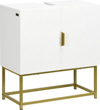 Kleankin Modern Bathroom Sink Cabinet - Freestanding Under Sink Storage Cabinet - Space Saving Wooden Basin Cupboard with 2 Doors and Gold Steel Legs