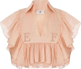 Elisabetta Franchi Katoenen Voile Blouse met Ruche - Dames - Blouses - Roze - XS - Katoen - Overhemden
