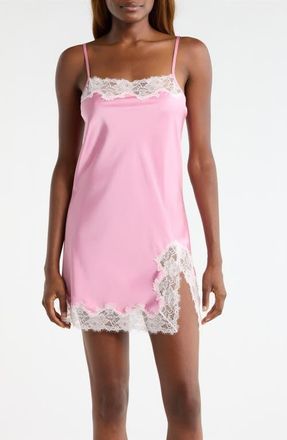Open Edit Lace Trim Satin Chemise in Pink Storm at Nordstrom, Size X-Small