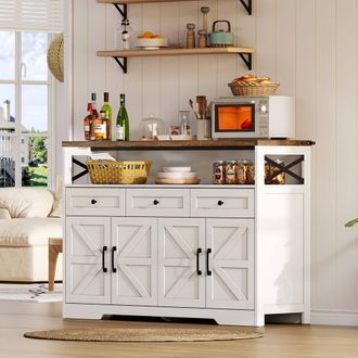 Merax White Farmhouse Sideboard with 3 Drawers & Shelves, Bar Cabinet
