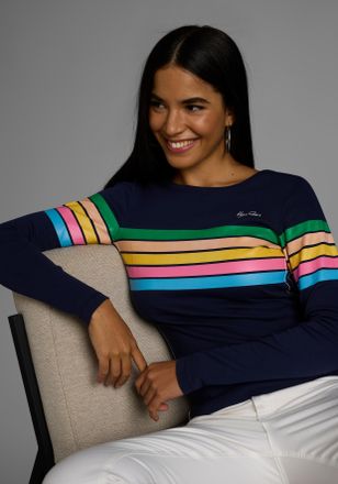 Kangaroos Langarmshirt KANGAROOS, Damen, Gr. 40/42, blau (marine, gestreift), Rippware, Obermaterial: 100% Baumwolle, gestreift, sehr figurbetont h&uuml;ftbedeckend,