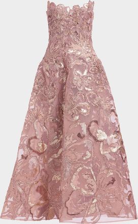 Elie Saab Strapless Floral Sequined Tea-Length Gown