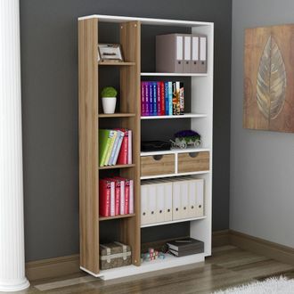 Dmora Librer&iacute;a Imer, Biblioteca 8 Estantes, 2 Cajones, Instalaci&oacute;n Libre, 80x25x189h Cm Blanco Roble
