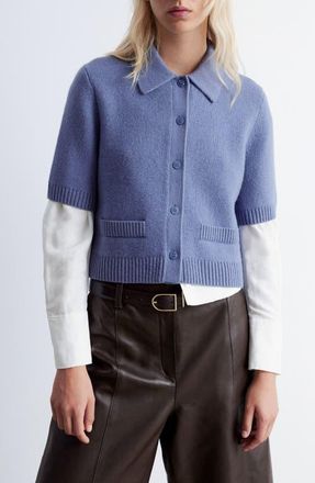 & Other Stories Short Sleeve Wool Blend Cardigan in Blue Medium Dusty at Nordstrom, Size X-Small