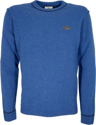 Aeronautica Maglia Girocollo in Lana Tinto Filo Ma 1608Ul 00924 - Heren - Ronde hals truien - Blauw - XL - Wol - Truien & Vesten