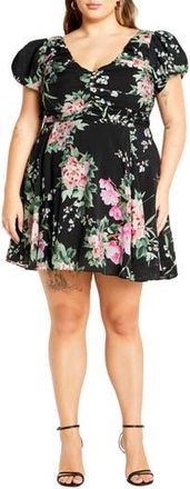 City Chic Marci Pleated Bodice Floral Print Tie Back Dress in Black Sweet Blossom at Nordstrom Rack, Size Xxl/24W