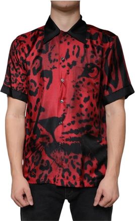 Dolce & Gabbana Rode Luipaard Zijden Button Down Shirt - Heren - Korte mouwen Overhemden - Rood - XS - Overhemden