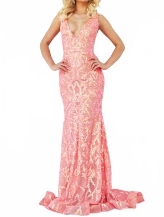 Jovani Plunging V-Neck Sequin Embellished Gown In Iridescent Coral