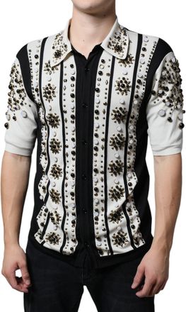 Dolce & Gabbana Mens White Black Silk Studded Stone Crystal Shirt And