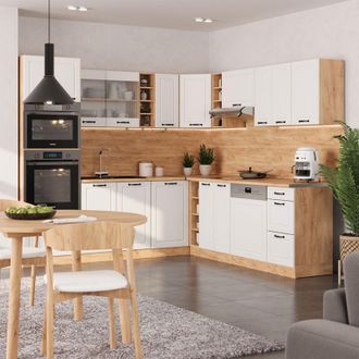 Vicco Cocina Esquinera R-line, Casa De Campo Blanca/roble Dorado, 237 X 60 Cm Sin Encimera