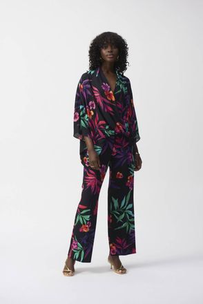 Joseph Ribkoff Georgette Tropical Print Wrap Top In Black/ Multi