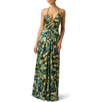 Adrianna Papell Print Halter Satin Gown in Green Multi at Nordstrom, Size 16