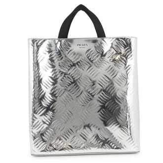 Prada Silver Canvas Leather Handbag Shopping Bag Tote Bag (Pre-Owned)