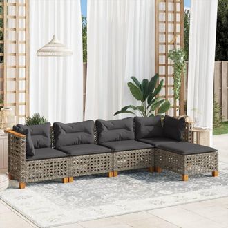 vidaXL Juego De Sof&aacute;s Jard&iacute;n Con Cojines 5 Pzas Rat&aacute;n Sint&eacute;tico Gris Vidaxl