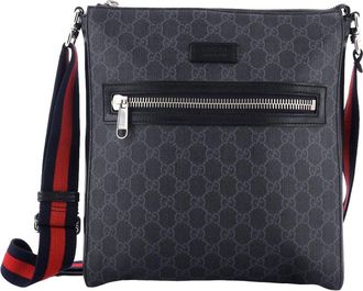 Gucci Black Gg Coated Canvas Web Strap Front Zip Messenger Bag Medium (Authentic Pre-Loved)