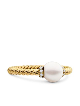David Yurman 18kt yellow gold Petite Solari Station pearl and diamond ring (2.3mm) - women - 18kt Yellow Gold/Akoya Pearl/Diamond - 5.5