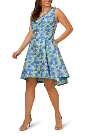 Adrianna Papell Floral Jacquard Fit & Flare Dress in Blue/Green Multi at Nordstrom, Size 22W