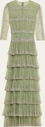 Costarellos Solene Crystal Tiered Ruffle Gown