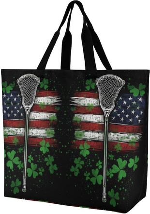 Generic Funny Lacrosse U.S. Flag Shamrock Large Reusable Shopping Bag Lightweight Foldable Tote Bags Washable Shoulder Handbag
