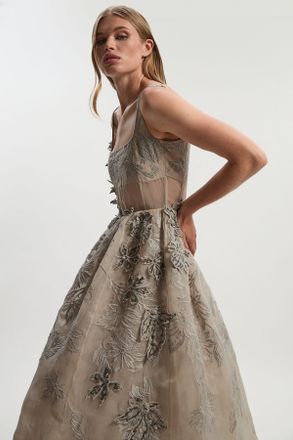 Karen Millen Womens Archive Embroidered Applique Organdie Woven Prom Dress - Silver - Size 14 UK