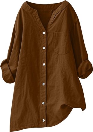 Generic Womens Gauze Shirt Casual Long Sleeve Button Down Shirts Summer Classic V Neck Cotton Linen Cardigans Lightweight Dressy Blouse Office Work Tops Ladie