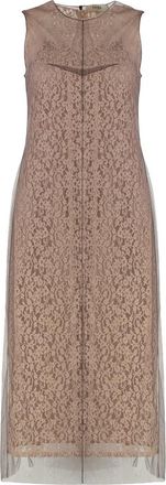 Fendi Gelaagde Kant Midi Jurk in Zijde - Dames - Casual kleedjes - Roze - XS - Katoen - Kleedjes