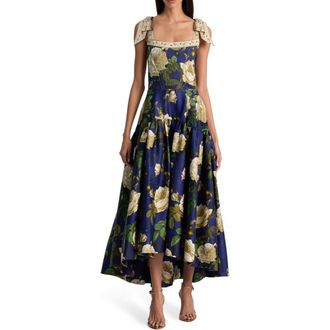 Alice & Olivia Rosalee Tie Strap Corset Stretch Cotton High-Low Dress in Twilight Eden at Nordstrom Rack, Size 14